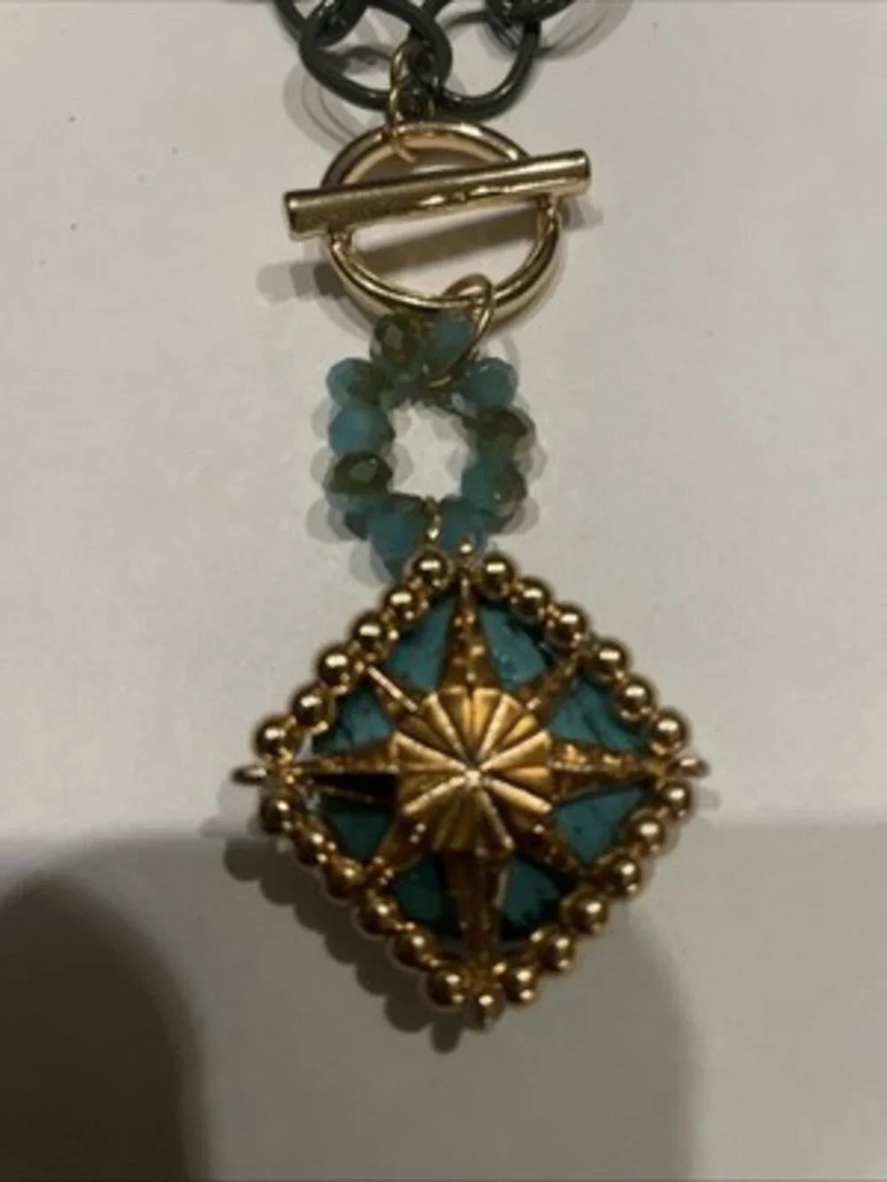Chunky Gunmetal Chain Toggle Necklace Gold Starburst Turquoise Bead Pendant
